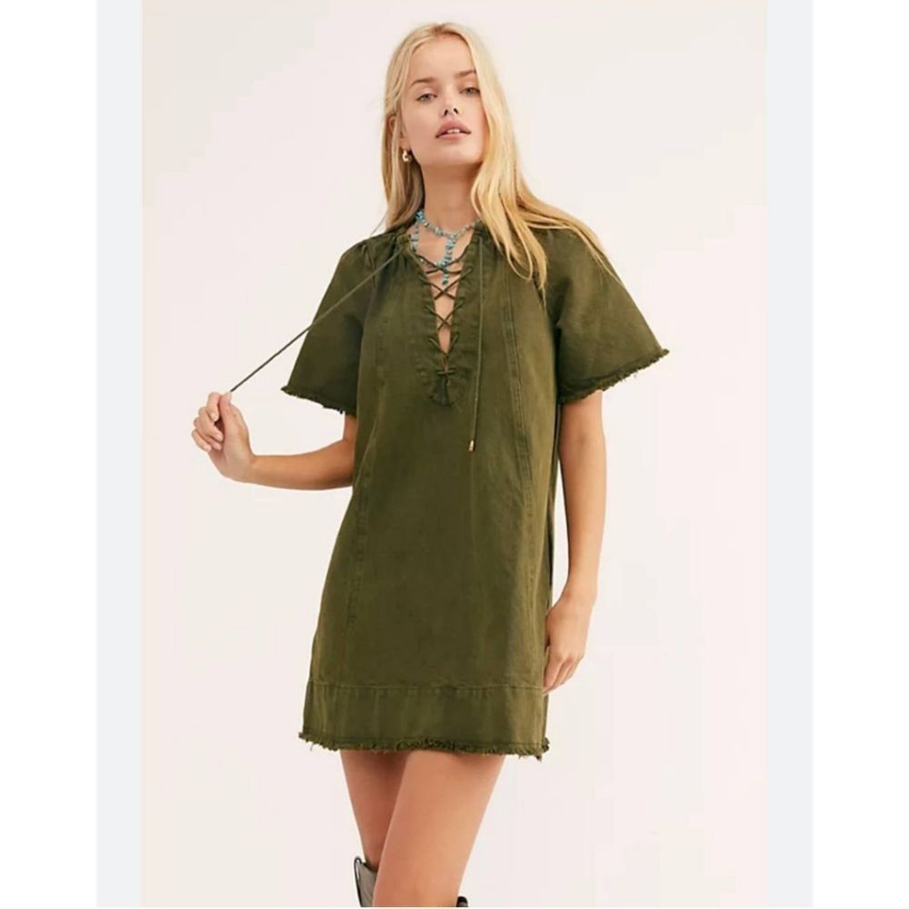 Free People Olive Lace-Up Short Sleeve Mini Dress